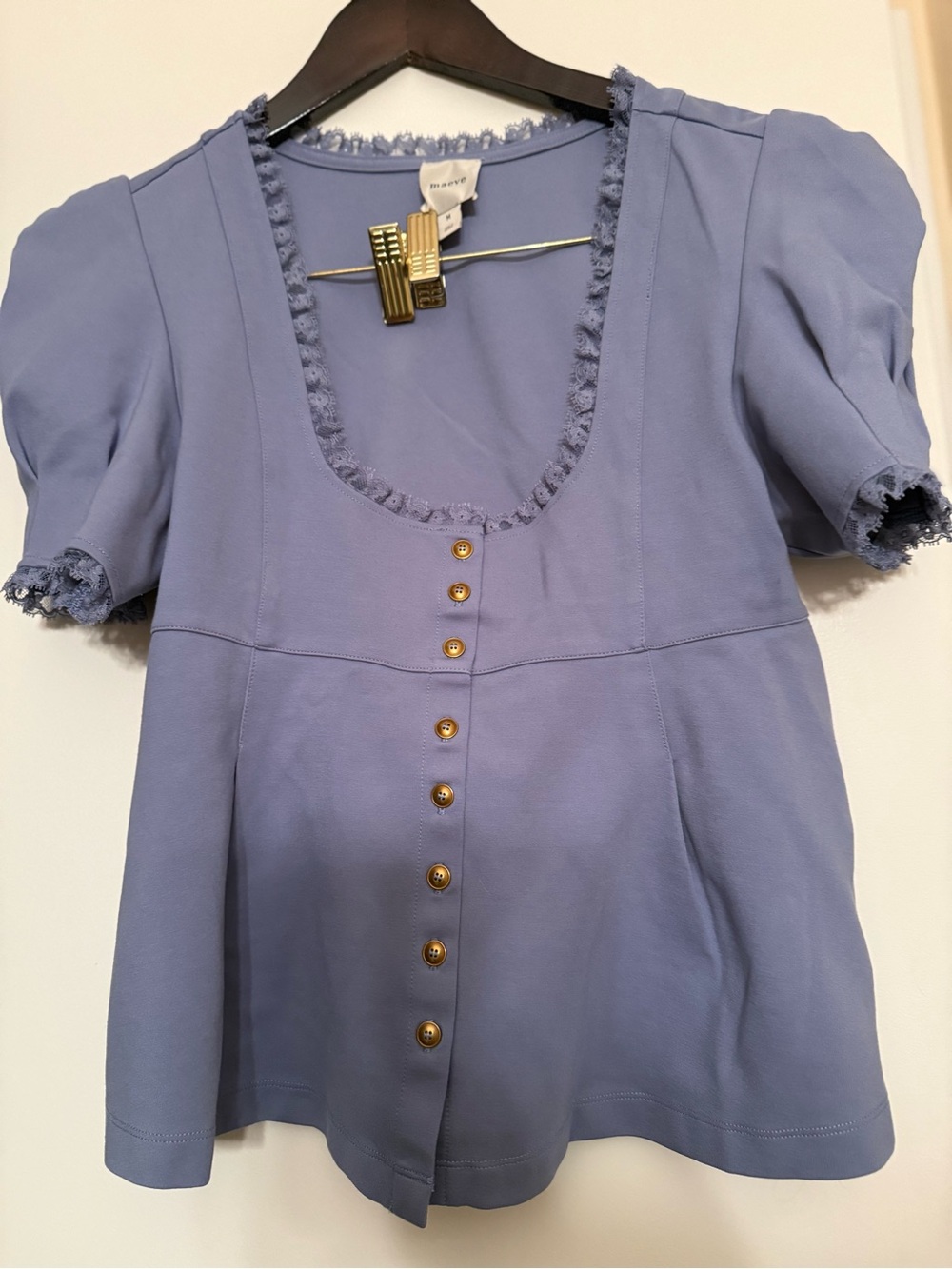 Maeve Size Medium Puff-Sleeve Babydoll Top Soft Blue Scoop Neck Blouse